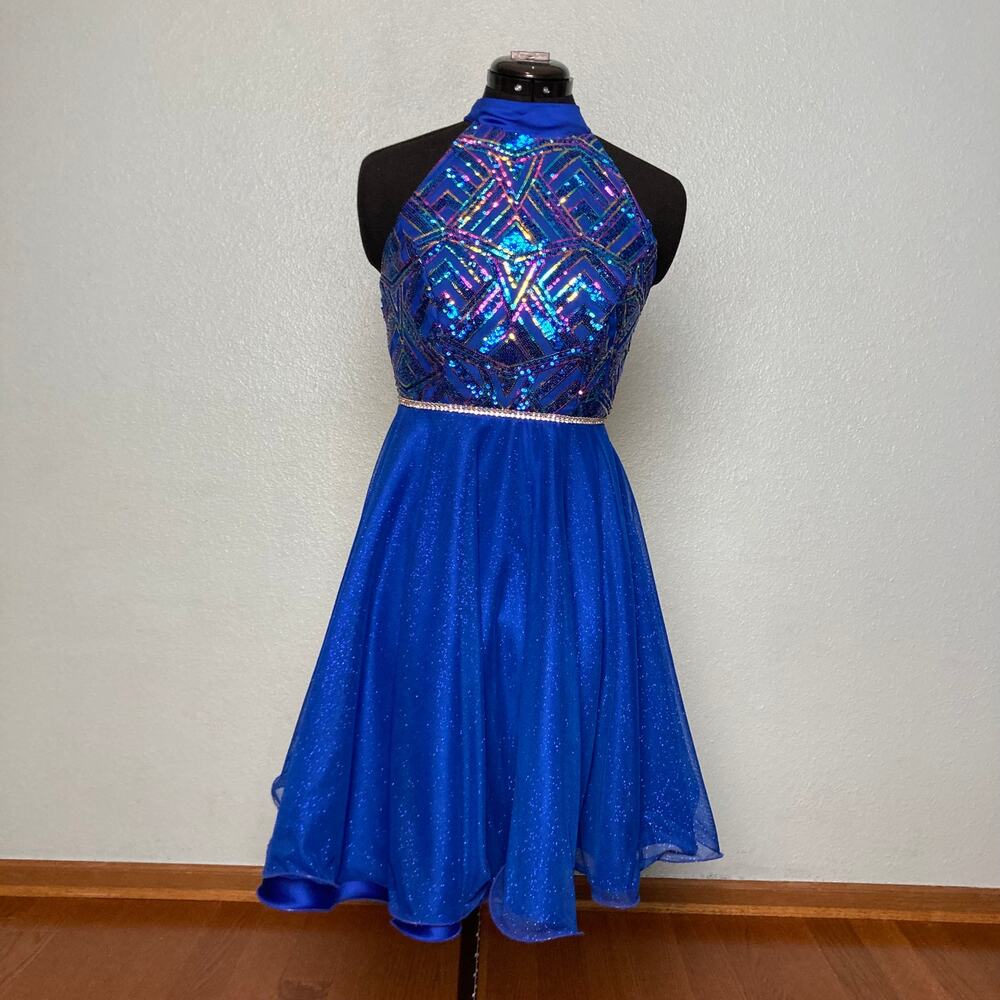 2 S Blue Swing Party Prom Formal Dress Sequin Glitter Halter High Neck fit flare
